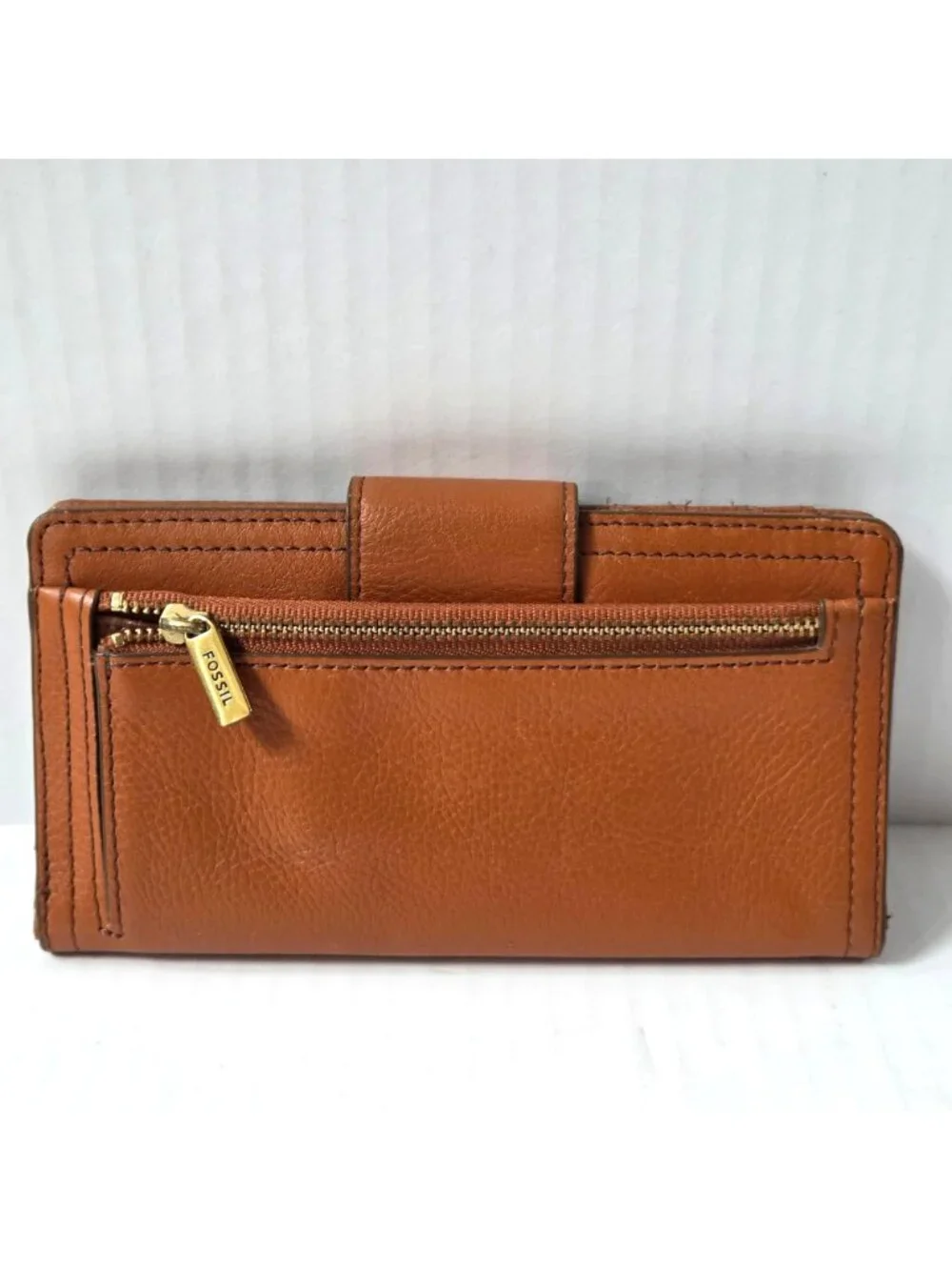 Fossil Womens Wallet Brown Leather Bifold Geometric Contrast Stitching Boho